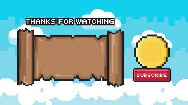 Pixel art ancient parchment scroll outro thanks for watching screen with rolled map paper frame vintage fantasy style sky background Prores 4K 60fps