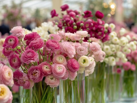 Colorful Ranunculus Flowers Arranged in Vases on Display at a Floral Event in a Convention Center