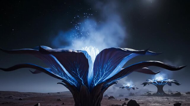 Alien Flora - Bioluminescent Plants on a Distant Planet at Night.