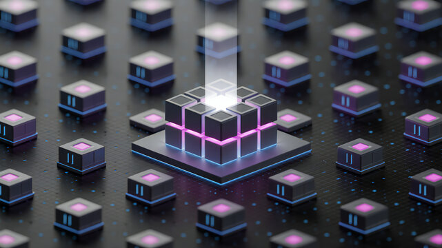 Digital sound mixing console with glowing buttons and central illuminated fader isolated on transparent background