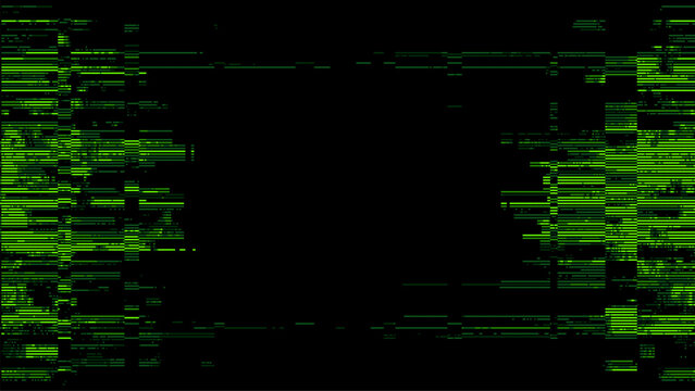 Green digital glitch background with abstract noise effect. Hacking terminal interference overlay pattern. Computer screen signal error texture for cyberpunk style graphic design project.