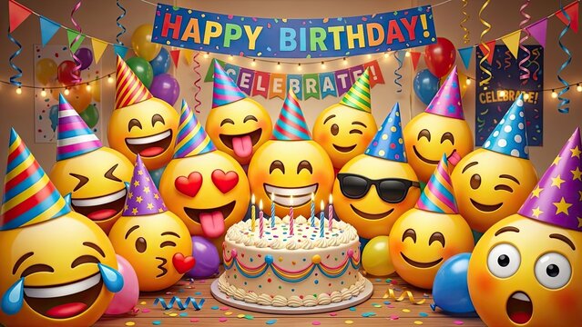 Emoji Birthday Bash: A cheerful gathering of vibrant emojis celebrates a joyous birthday with festive decorations, a delicious cake, and an atmosphere of pure delight.