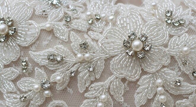 Close up of intricate white floral lace fabric embellished with pearls and rhinestones, detailed texture, elegant pattern for wedding or fashion