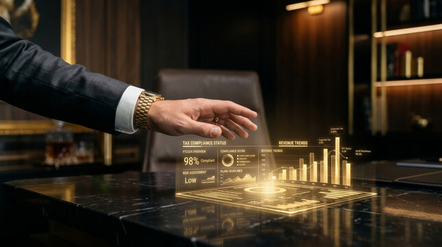 Businessman hand dark silk suit sleeve gold watch interacting with futuristic virtual financial dashboard holographic data tax compliance revenue trends modern office luxury innovation