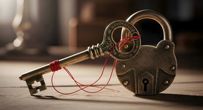 Antique ornate key tied with red string to a vintage padlock, symbol of access, security, mystery, and secrets, dramatic lighting