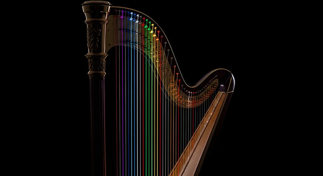 Close up of a colorful harp with rainbow strings on black background