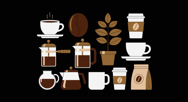 Coffee Cups and Coffee Beans Flat.