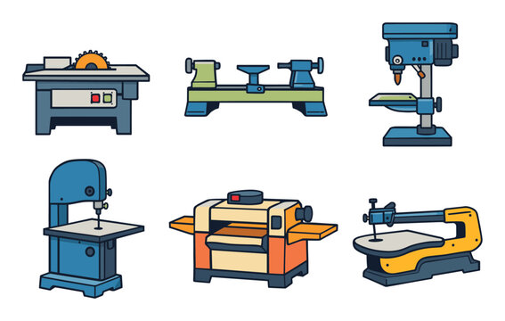 Illustrating common woodworking power tools like table saw, drill press, lathe, band saw, thickness planer, and scroll saw
