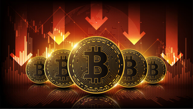 Bitcoin cryptocurrency coins with falling arrows and red chart showing price drop market decline and digital investment risk concept, vector illustration