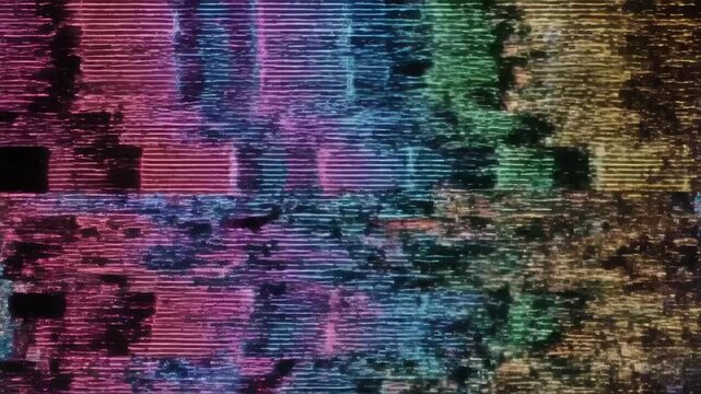 This captures a stunning visual representation of technical difficulties, with a kaleidoscope of colors and distorted patterns swirling across the screen, evoking a sense of digital chaos and