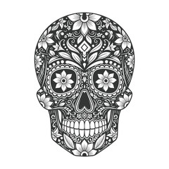 Intricate black and white sugar skull design with floral patterns for day of the dead celebration. © Mijan 
