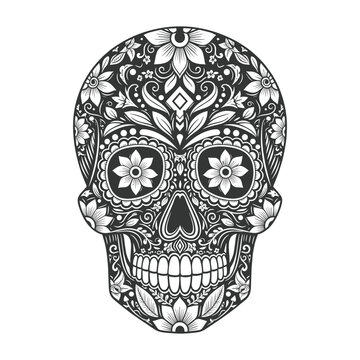 Intricate black and white sugar skull design with floral patterns for day of the dead celebration.
