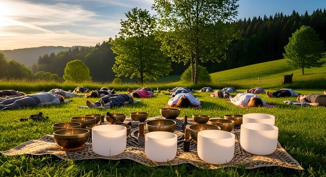Group of people resting in a field during a sound bath meditation with crystal singing bowls, bathed in warm sunset light, fostering tranquility and wellness