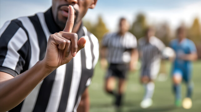 Football referee raises his finger during the match, signaling a foul and giving a warning to a player.