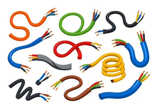 Electrical wires and cables presenting various colors and exposed copper strands, illustrating connections, power, and circuitry