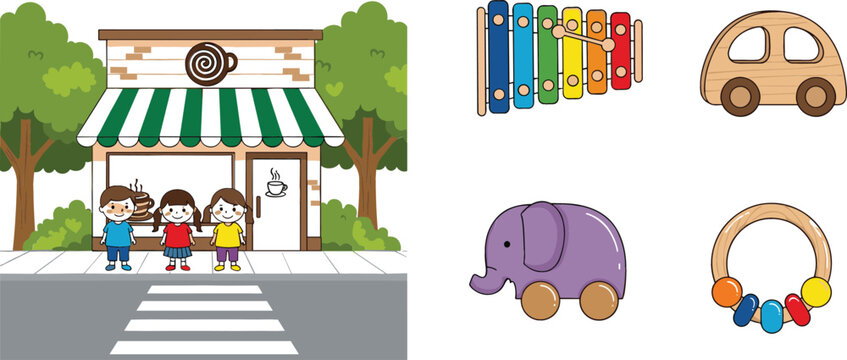 Cute kids standing in front of cafe building with wooden toys xylophone car elephant and rattle vector illustration set