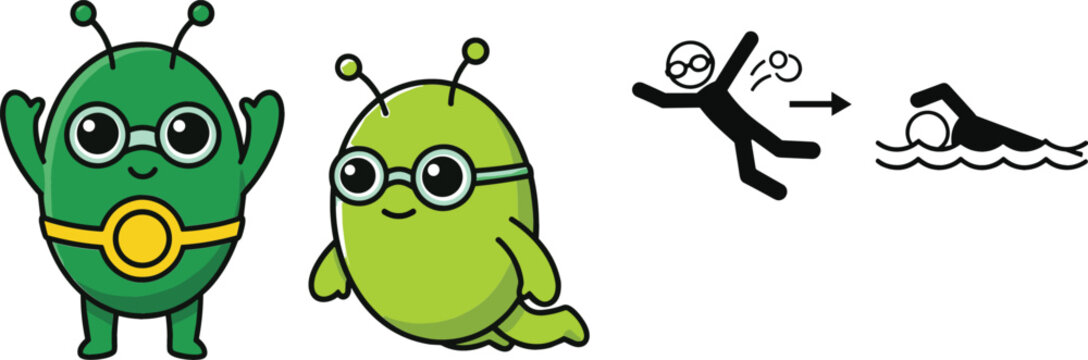 Cute green alien cartoon characters and swimming activity icon set playful extraterrestrial vector illustration