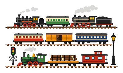 Naklejka premium Variety of classic steam locomotives, passenger wagons, freight cars, and railroad elements like tracks, signals, and a lamppost