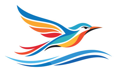 Obraz premium Stylized bird in dynamic flight over blue waves. Vibrant colors creating a sense of movement and natural beauty