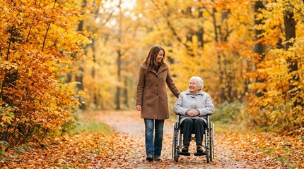Fototapeta premium female social worker pushing wheelchair with smiling disabled elderly woman in park, disability, international day of persons with disabilities, rehabilitation, care, handicapped, people 