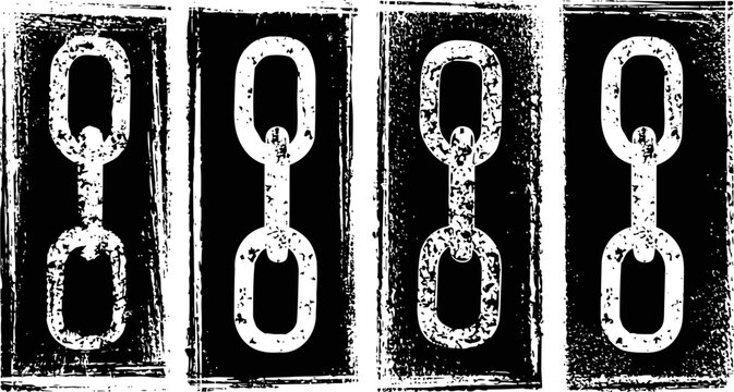 Four vertical black and white panels each featuring a distressed chain link illustration with a grunge texture