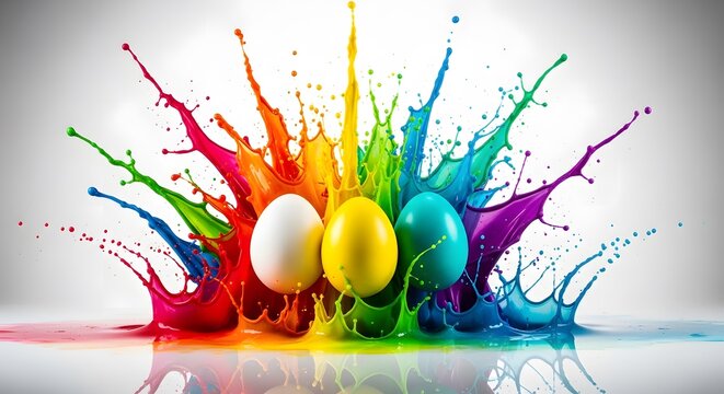 Vibrant paint splashes with easter eggs a colorful abstract explosion
