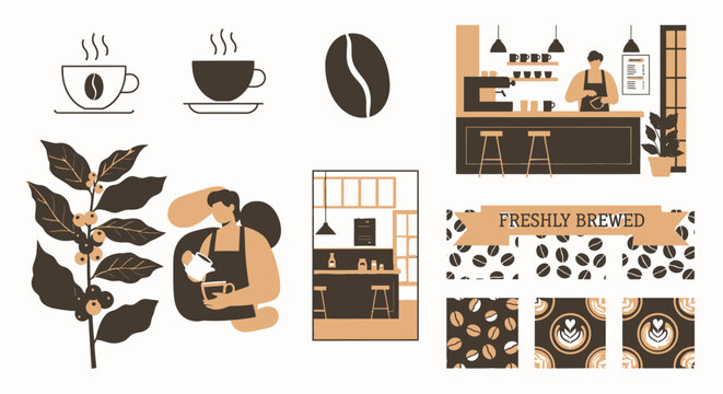 Brown coffee beans and cups illustration.