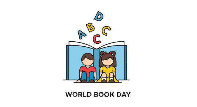 Children reading book together happily.