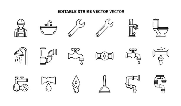 &ldquo;Editable plumber and bathroom repair icon set with wrench, sink, tap, shower, and trap in minimal line art vector style&rdquo;
