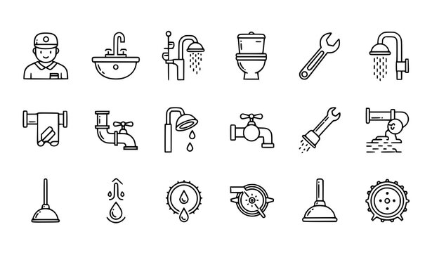 &ldquo;Linear plumber icon set with worker, sink, toilet, wrench, shower, tap, plunger, and trap for maintenance and repair vector design&rdquo;