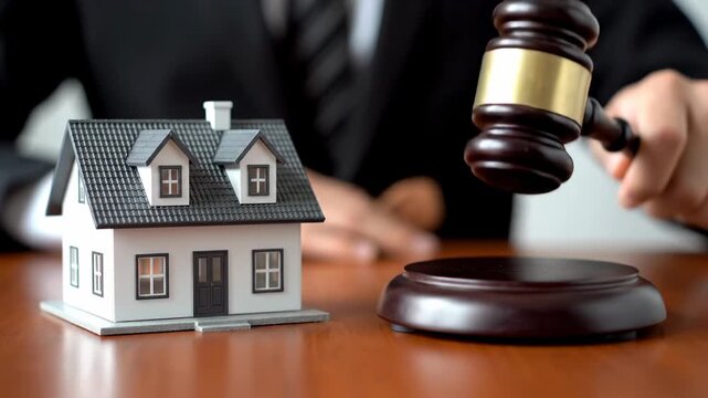 Miniature house with gavel signifies home auction or legal action