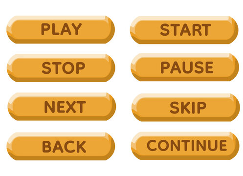 Luxury 3D Glossy Custard Yellow Media Control Text Button Set with Brown Typography Play Start Stop Pause Next Skip Back Continue Labels, Soft Rounded UI Elements, Modern Clean Interface Design