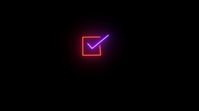 Neon glowing check mark icon in red square box animation on black background, futuristic purple tick symbol for task completion, success, approved status, 