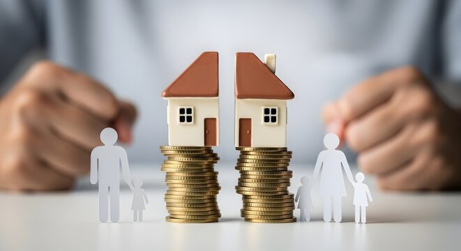 Professional depiction of divorce proceedings showing a split house, family units, and financial assets. Ideal for legal, family law, and mediation services illustrating property division