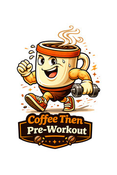 Cartoon coffee cup with muscular arms lifting dumbbell character