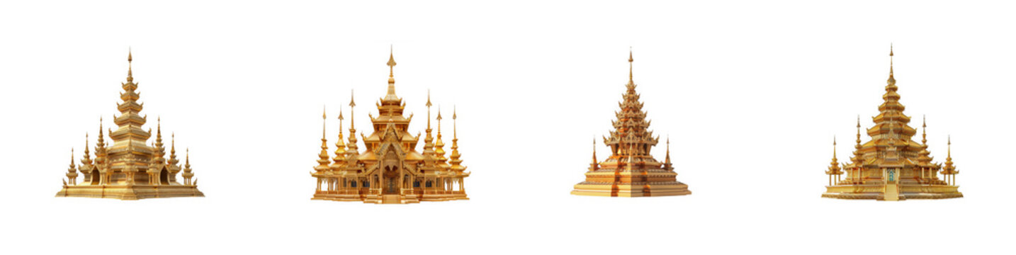Four golden buddhist stupas as PNG asset isolated on transparent background