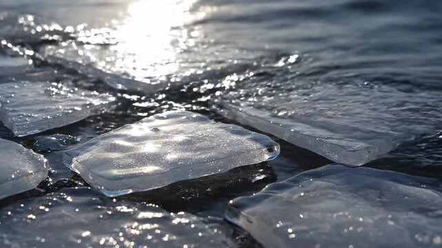 Sparkling clear ice slabs floating on cold, dark water, lit by bright sunlight