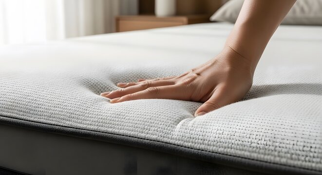 Close-up of a hand pressing into a comfortable memory foam mattress. Concept of high-quality sleep, orthopaedic support, and modern bedroom furniture for healthy rest and relaxation