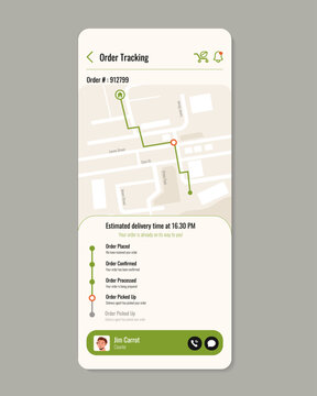 Order tracking screen for organic grocery delivery mobile app in light mode. Delivery route interface with map navigation, courier tracking and healthy food shipment status.