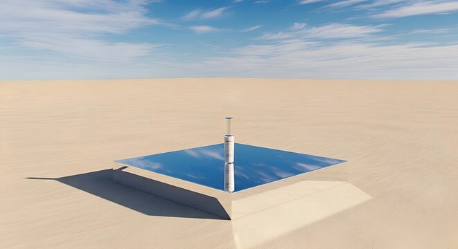 Concentrated solar power tower in a vast desert landscape, reflecting the blue sky and clouds, representing renewable energy and sustainable technology