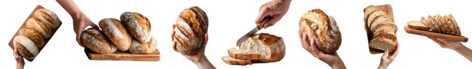 Set of hand holding fermented baked Sourdough bread bun pastry, slice with knife, wooden serving board, pile stack sliced loaf, transparent cutout PNG. Many different style. Mockup for design