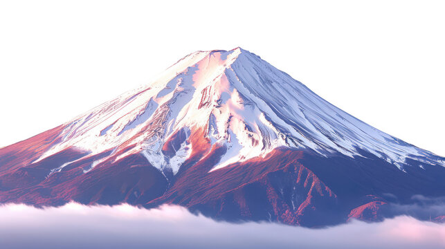 Snow-capped mount fuji peak with pink sky and clouds isolated on transparent background