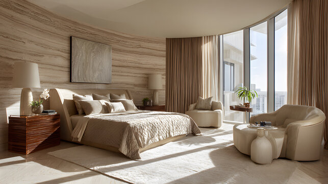 Master bedroom in quiet luxury style, cashmere textiles, curved furniture, warm travertine walls, floor-to-ceiling windows, soft shadows, high-end hotel vibe