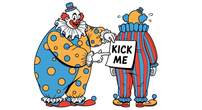 Two clowns in colorful costumes.