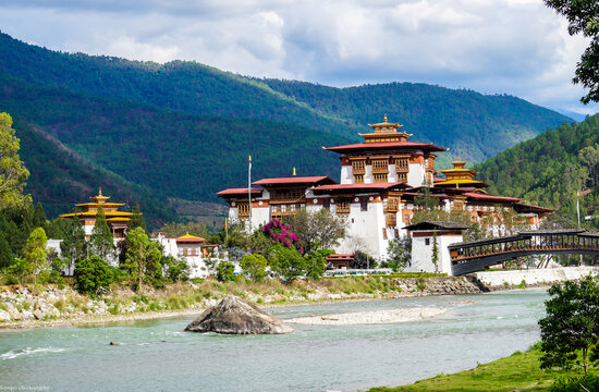 Punakha Dzong in punakha Bhutan. The Punakha Dzong, also known as Pungthang Dewa Chhenbi Phodrang (meaning "the palace of great happiness or bliss.