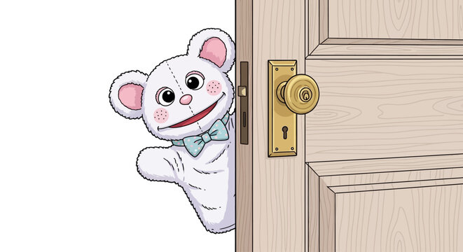 Smiling cartoon mouse peeking from door.