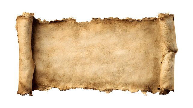 Aged parchment scroll banner with vintage texture and ragged edges, a blank old paper isolated on a white background