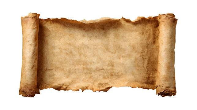 Aged parchment scroll banner with vintage texture and ragged edges, a blank old paper isolated on a white background