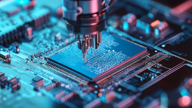 Automated robotic arm placing tiny solder points on a microchip, PCB assembly, electronics manufacturing, fabrication, high tech production.