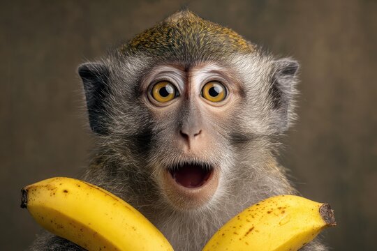 Surprised playful monkey holding ripe yellow bananas